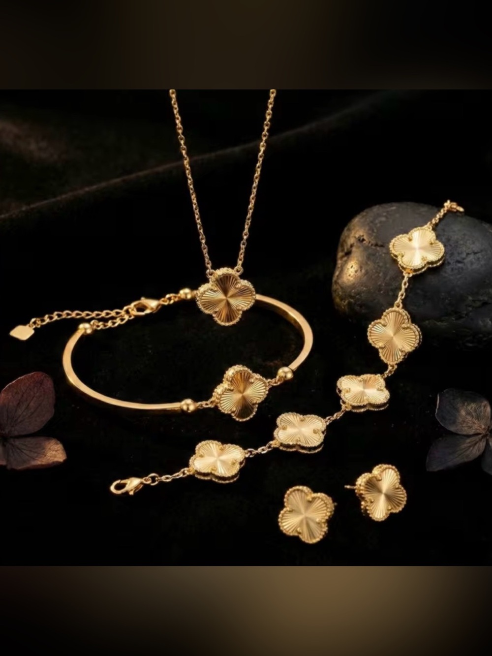 Gold Four-Leaf Clover Pendant Necklace and Bracelet SET OF 4 items - Picture 2 of 8
